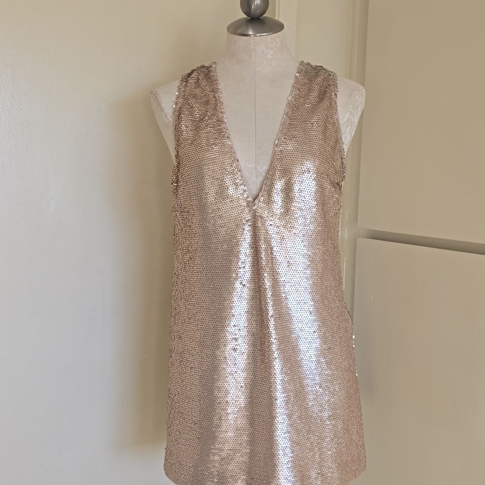 Matte Soft Gold Sleeveless Mini Dress, Deep V Front, NWOT, S